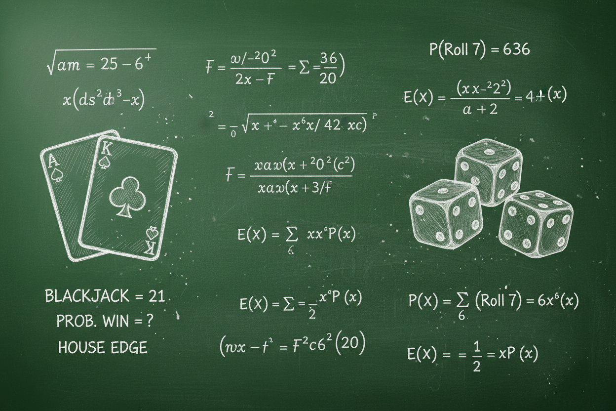 can create an image depicting a green chalkboard with white chalk writing of math equations, drawing of dice with calculation, and drawing of Ace and king blackjack hand, size 1600 × 900 px 