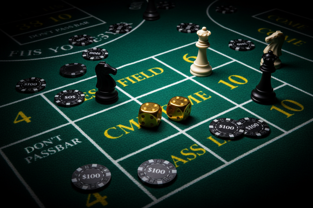 create an image of craps table felt with random bets of black $100 chips, golden dice black Pips, and random chess pieces