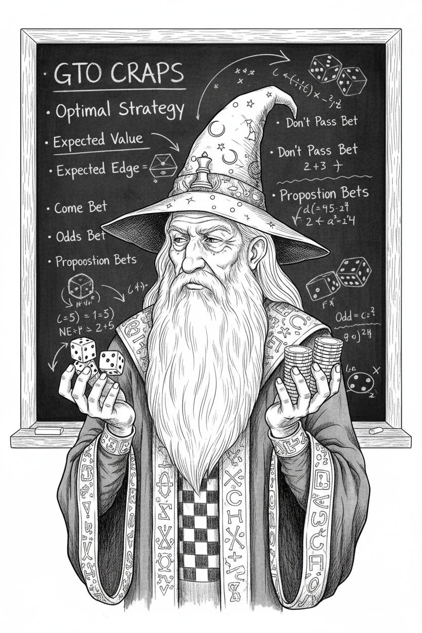 Educational poster about GTO Craps with a long beard chess master wizard holding dice and chips in front of a chalkboard with gambling terms. make it more of a drawing. portrait, black and white image